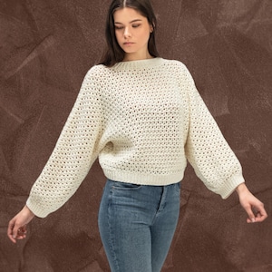 Oversized Sheer Classic Sweater | Crewneck Lace Crop Top | Custom Chunky Knit Blouse | Merino Wool & Cotton | Artisan-Hand-Crochet in the EU