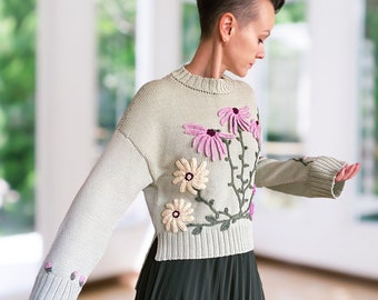 Embroidered Merino Wool Sweater, Hand Knit One-of-a kind Floral Pullover, Crewneck Green Jumper, Avant-garde  Designer Crop Top