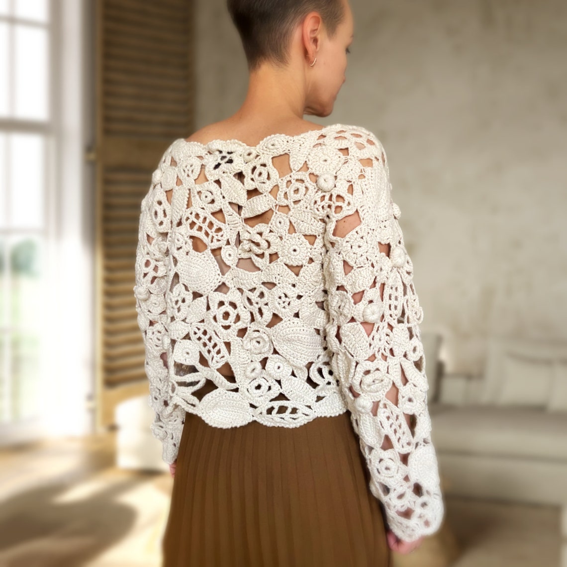 Beige Eyelet Embroidered Knit Crochet Bohemian Long Sleeve Crop Top