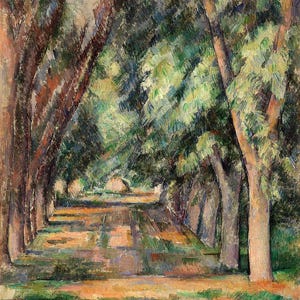 May include: An oil painting depicting a tree-lined path with thick, visible brushstrokes. The scene features tall tree trunks in shades of brown and violet, with dense green and yellow foliage overhead, casting geometric shadows on the ground.