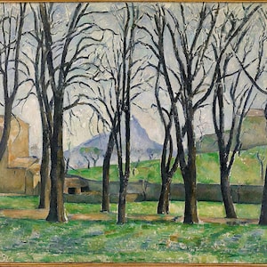 May include: An oil painting depicting a landscape with a row of dark, leafless trees in the foreground. Behind the trees, a green field stretches toward a low stone wall, with a distant blue mountain peak visible under a pale sky.
