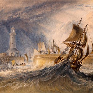 May include: Watercolor painting of a stormy seascape with a lighthouse, boats, and a large sailing ship. The sky is filled with dark clouds, and the sea is rough with white-capped waves. The lighthouse is white with a gray base.