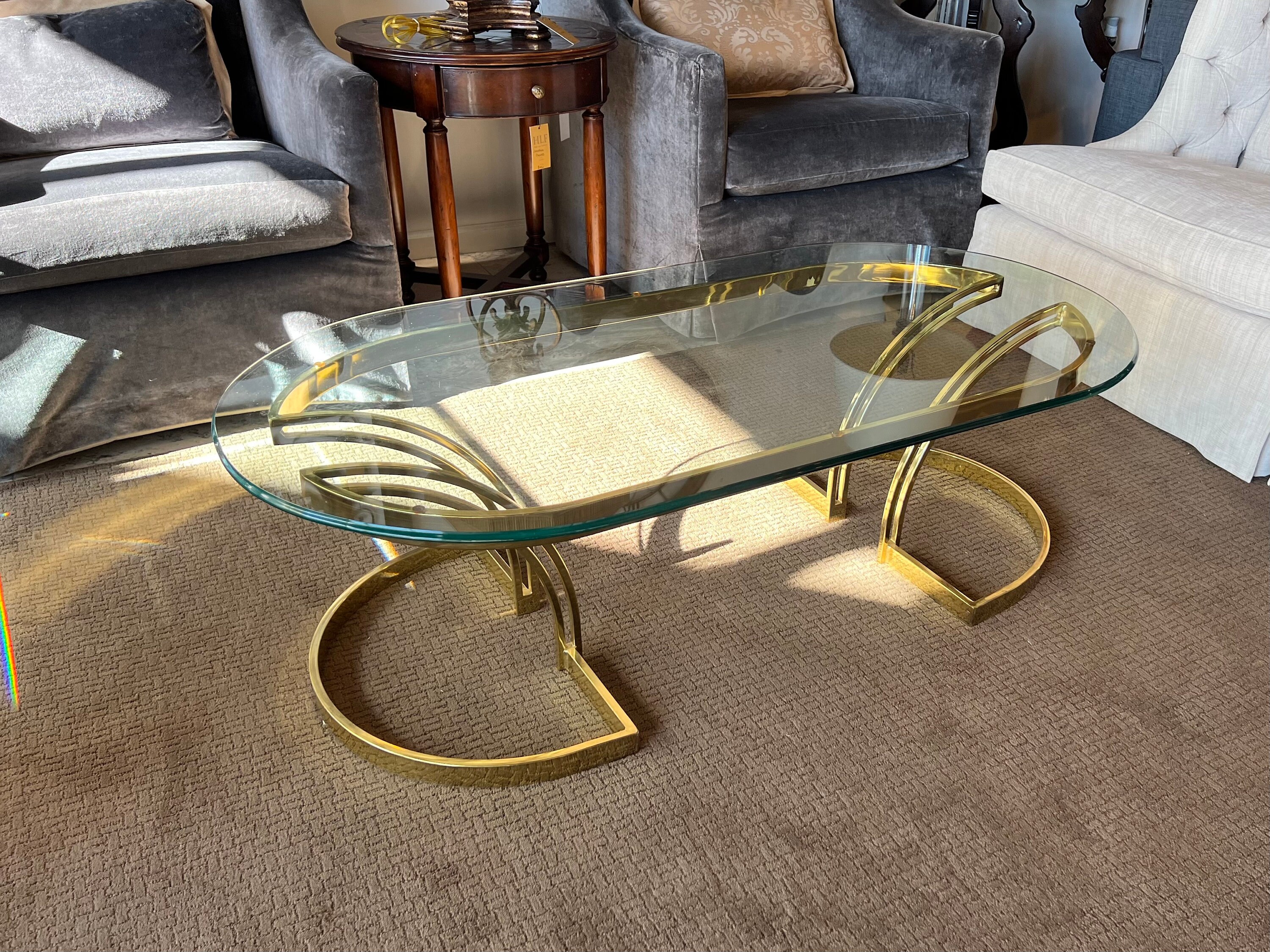 Vintage Hollywood Regency Style Oval Glass & Brass Coffee Table, Art