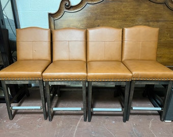 Canadel Cognac Leather Counter Height Bar Stools Set of 4 With Nailhead Trim