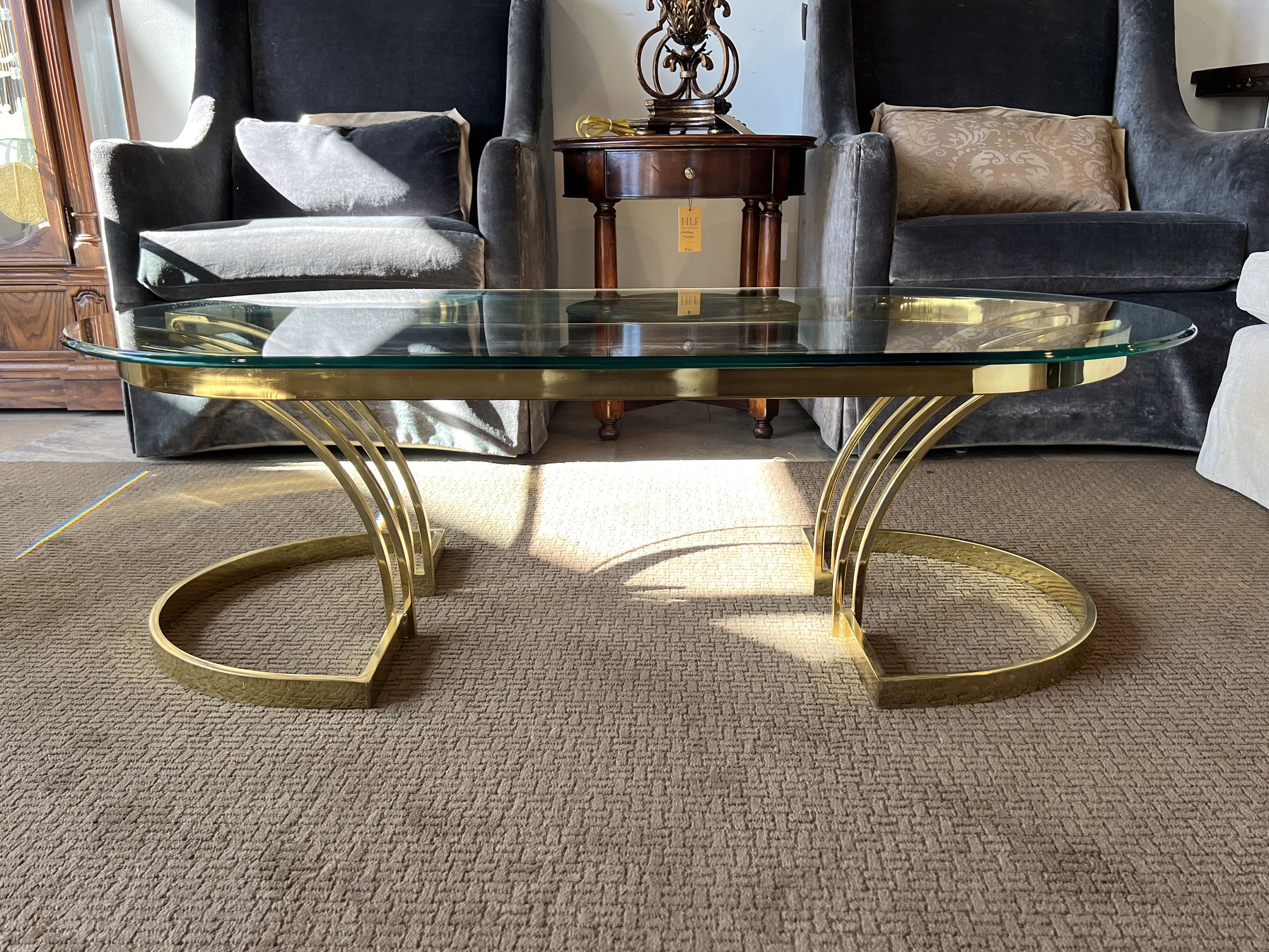 Vintage Hollywood Regency Style Oval Glass & Brass Coffee Table, Art ...