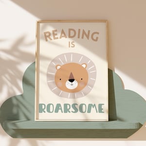 Rincón de libros, decoración de habitación infantil de safari, lámina para dormitorio infantil, decoración de sala de juegos de la jungla, decoración de habitación infantil infantil, lámina descargable, regalo para recién nacido