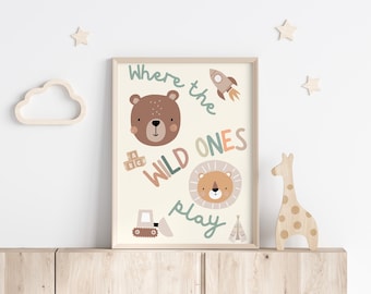 Where the Wild Ones Play Print, Boys Nursery Decor, Safari Playroom Prints, Kids Scandi Print, Boys Bedroom Print, Neutral Nursery Decor