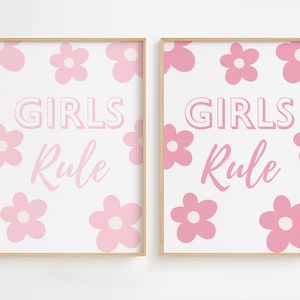 Stampa di affermazione positiva per ragazze, stampa murale Girls Rule, decorazione murale motivazionale, arte murale rosa per ragazze, stampa con nome per la sala giochi della cameretta dei bambini