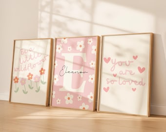 Wildflower Girl Nursery Prints, Set of 3 Girls Room Prints, Playroom Wall Art, Motivational Quotes, Botanical, Personalised Nursery Decor