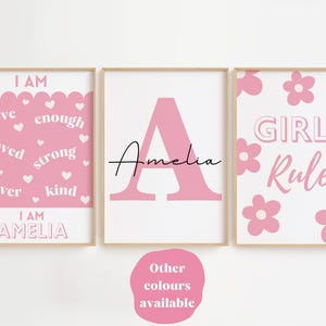 Blumendruck, positive Affirmation, Baby-Kinderzimmer, 3-er Set Drucke, Mädchen personalisierte Namen Druck, Zitat Druck, rosa Wand Kunst