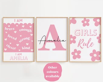 Floral Print, Positive Affirmation, Baby Girl Nursery, Set of 3 Prints, Girls Personalised Name Print, Quote Print, Pink Wall Art