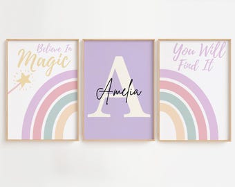 Conjunto de 3 estampas de arco-íris para quarto de meninas, decoração de sala de jogos com tema mágico, arte de parede para quarto de meninas, estampas de berçário de arco-íris