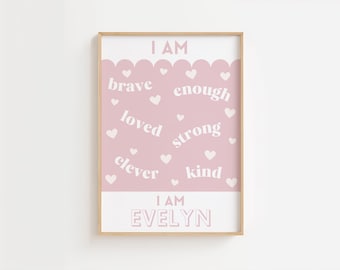 Impressão de afirmação positiva para meninas, impressão de nome para meninas, impressão motivacional para quarto, decoração de berçário rosa
