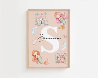 Girls Bedroom Print, Mermaid Prints, Baby Girl Nursery, Personalised Name Print, Pink Wall Art, Ocean, New Baby Gift, Playroom Decor