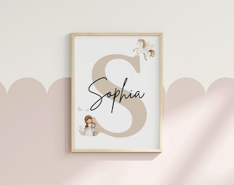Impressão de nome inicial de unicórnio personalizado, arte de parede de berçário de unicórnio e princesa, decoração de parede de unicórnio para quarto de meninas, arte de parede rosa