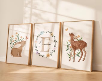 Woodland Nursery Prints, Baby Girl Nursery, Set of 3 Prints, Girls Bedroom Prints, Wildflower Print, Girls Wall Art, Forest Playroom Decor