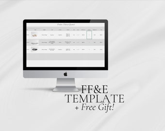 May include: A computer screen displaying a spreadsheet with the text "Furniture Fixture & Equipment" at the top. The spreadsheet lists furniture items with their descriptions, quantities, and prices. The text "FF&E TEMPLATE + Free Gift!" is displayed below the computer screen.