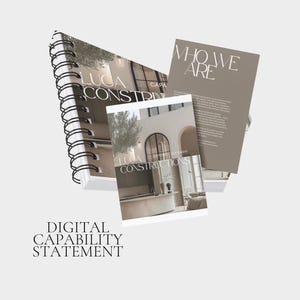 Puede incluir: Un cuaderno con espiral, un folleto y un folleto con el texto "LUCA CONSTRUCTIONS" y "WHO WE ARE" en una paleta de colores neutros. El cuaderno tiene una encuadernación en espiral negra. La frase "DIGITAL CAPABILITY STATEMENT" está en la parte inferior.