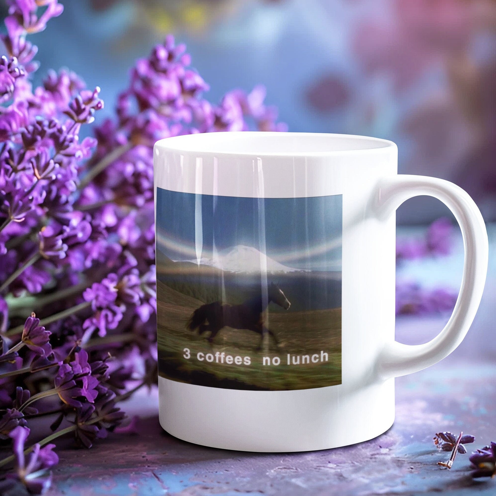 3 Coffees, No Lunch, Horse Running Meme 11oz Ceramic Double Sided Mug With  Horse in Front of Mountain