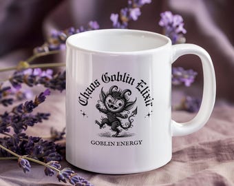 Chaos Goblin Elixir Goblin Energy 11oz Ceramic Mug, Goblin Juice Medieval Woodcut Etched 17th Century Style Mug, Funny Unique Gifts