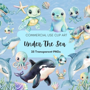 Images clipart aquarelle de créatures sous-marines avec tortues de mer dauphins étoiles de mer baleines 25 PNG transparents usage commercial