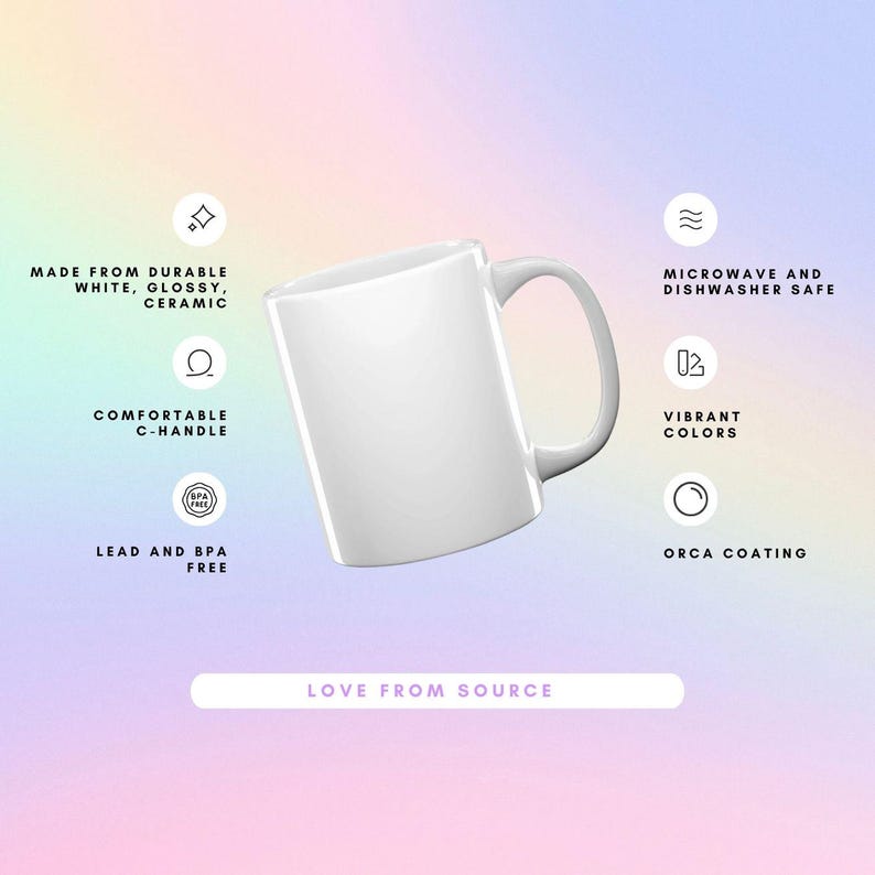 May include: White ceramic mug with a C-handle. The mug is microwave and dishwasher safe. It is made from durable, glossy ceramic and is lead and BPA free. The mug has an orca coating.