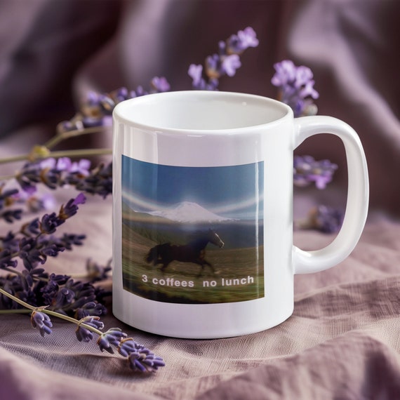 3 Coffees, No Lunch, Horse Running Meme 11oz Ceramic Double Sided Mug With  Horse in Front of Mountain