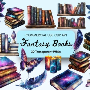 Mystische Fantasy Bücher Aquarell Clip Art Inklusive Bücher Bibliothek Schmetterling Rosen Federn 20 Transparente PNGs Kommerzielle Nutzung