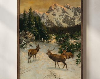 Winter Deer in Snowy Mountain Landscape - Vintage Wildlife Art Print, Rustic Nature Scene, Cottagecore Printable Wall Decor Painting 706286