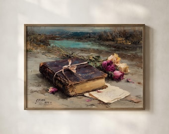 Vintage Book Rose Wall Art, Antique Still Life Painting, Floral Book Print, Classic Home Decor, Elegant Fine Art