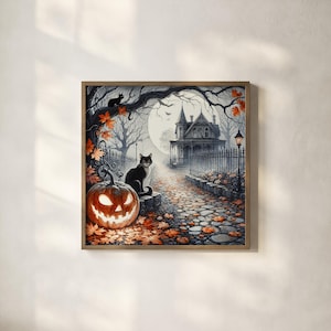 Haunted House Halloween Wall Art Print with Black Cats, Glowing Pumpkin, Gothic Victorian Home, Autumn Decor, Spooky Eerie Illustration