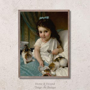 Vintage Child Portrait | Girl Feeding Kittens | Cat Lover Art | Farmhouse Decor | Nursery Artwork