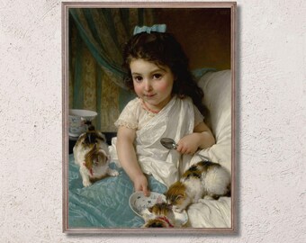 Vintage Child Portrait | Girl Feeding Kittens | Cat Lover Art | Farmhouse Decor | Nursery Artwork