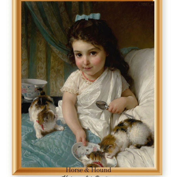 Vintage Child Portrait | Girl Feeding Kittens | Cat Lover Art | Farmhouse Decor | Nursery Artwork