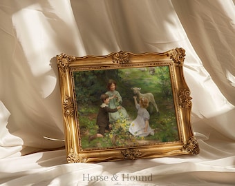 Vintage Children and Lambs Art Print – 1911 Pastoral Scene (Digital Download)