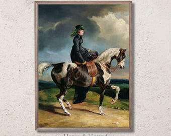 Vintage Equestrian Art Print – Victorian Lady Riding a Painted Horse in Elegant Black Attire – Digital Download for Home Décor