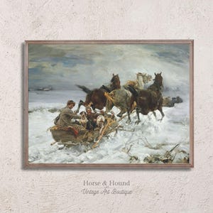 May include: A vintage painting depicting a snowy landscape with three horses pulling a sled. The horses are brown and white, and the sled is carrying three people. The painting is framed in a brown wooden frame.