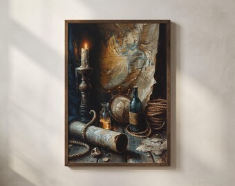 Nautical Still Life Oil Painting Printable, Antique-Style Maritime Wall Art, Rustic Ship Themed Decor, Vintage Digital Ocean Print 14