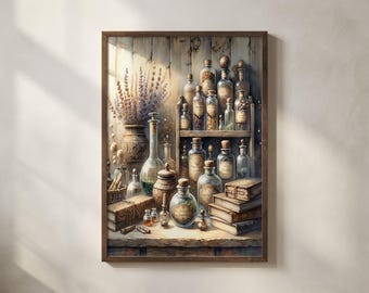 Vintage Apothekerflaschen-Aquarelldruck - Kräutertrank-Regal-Wandkunst, rustikales Landhaus-Kerndekor, magische botanische Illustration