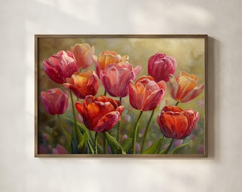 Tulpanväggkonst, blommönster, röd tulpandekor, vårkonstverk, heminredning, botanisk illustration