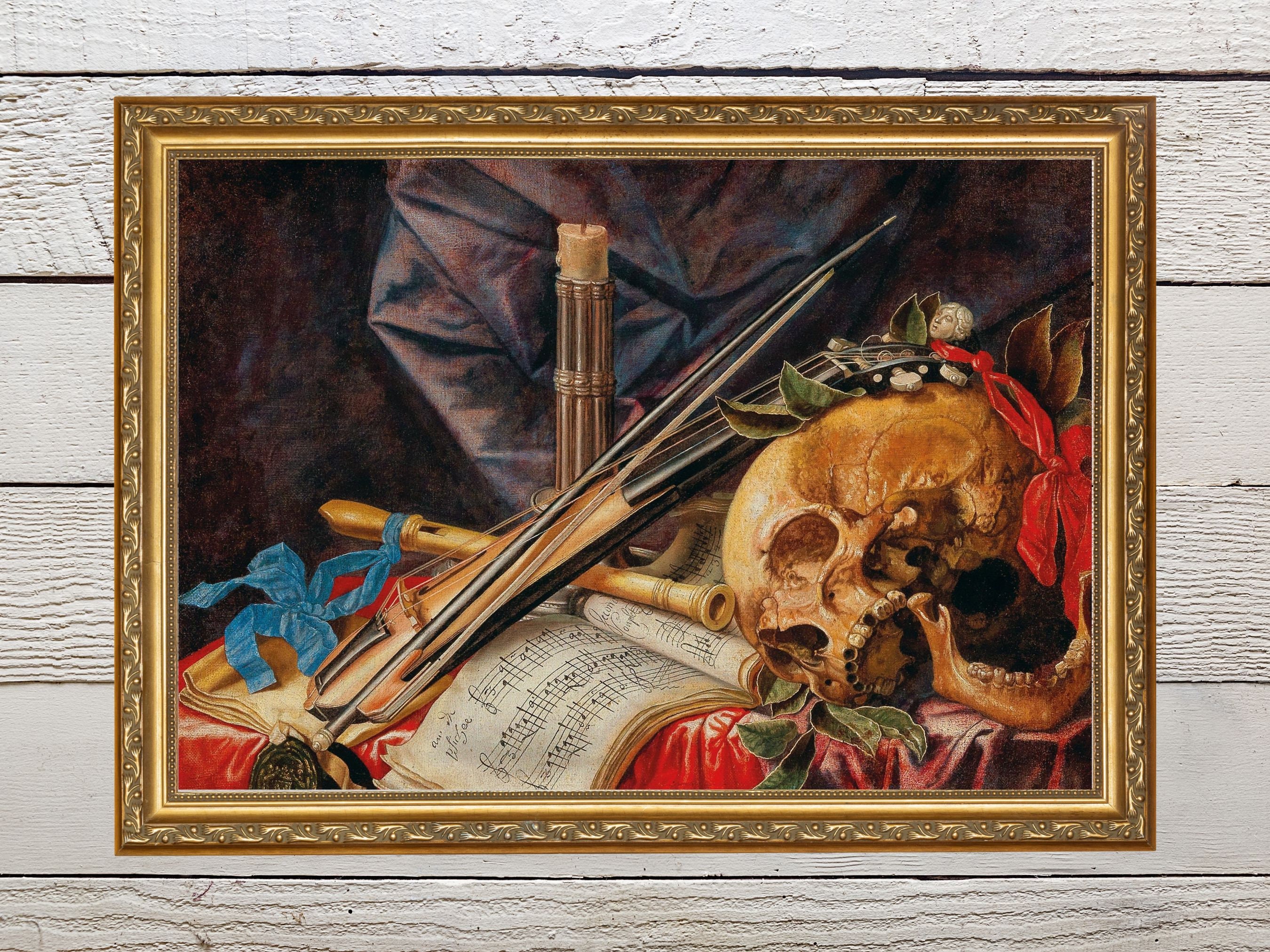 Skull String Instrument Vintage Still Life Painting, Skull & Musical Instruments Wall Art ...