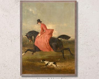 Elegant woman riding a horse, vintage horse painting, digital download art, equestrian art, horse wall art