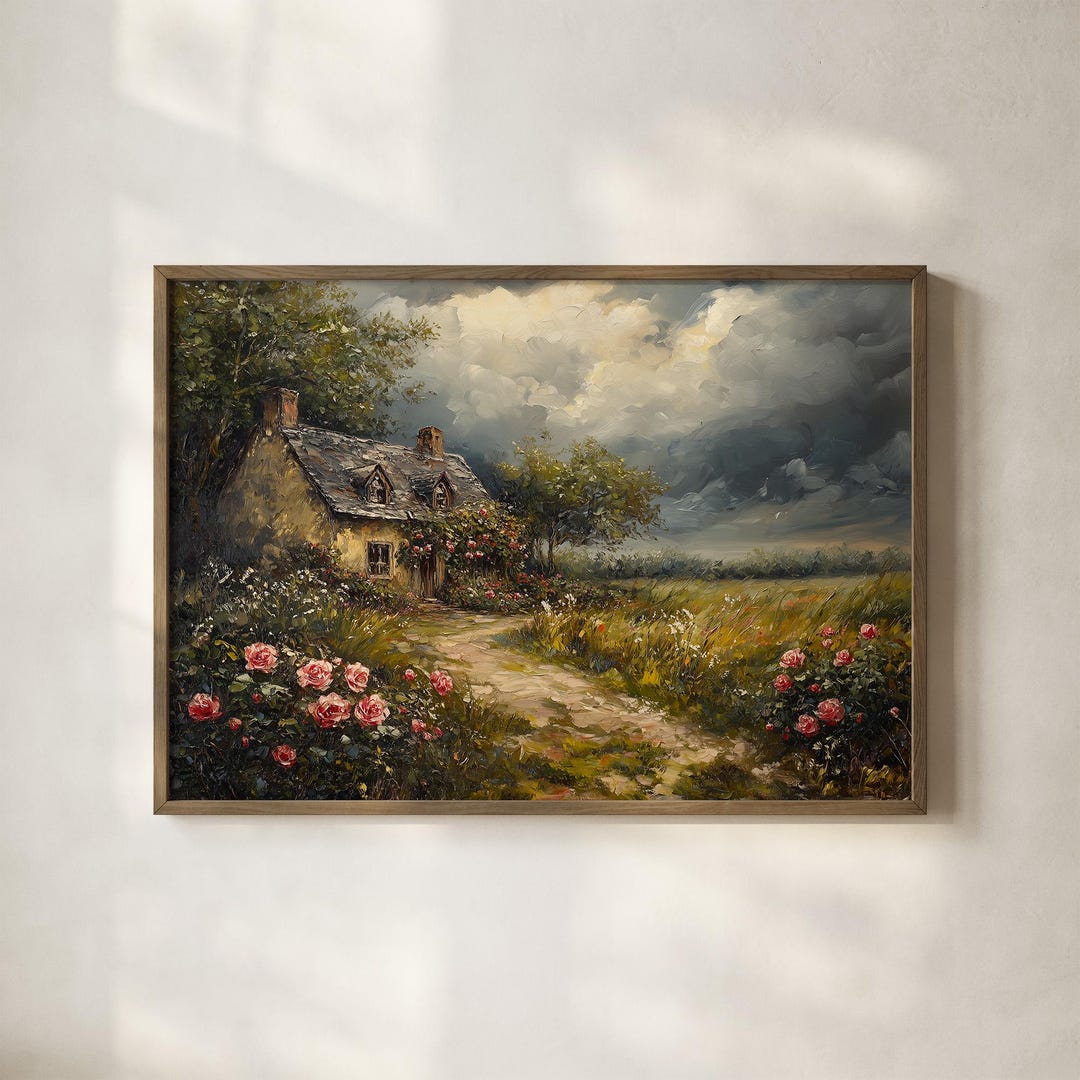 Country Cottage Wall Art, Floral Painting Print, Rose Garden House ...