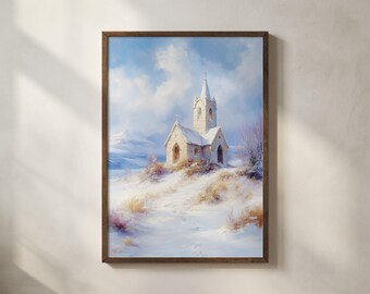 Chapelle en pierre enneigée dans les montagnes en hiver - peinture à l'huile d'église vintage, art mural imprimable, scène d'hiver paisible, décor de paysage rustique 26