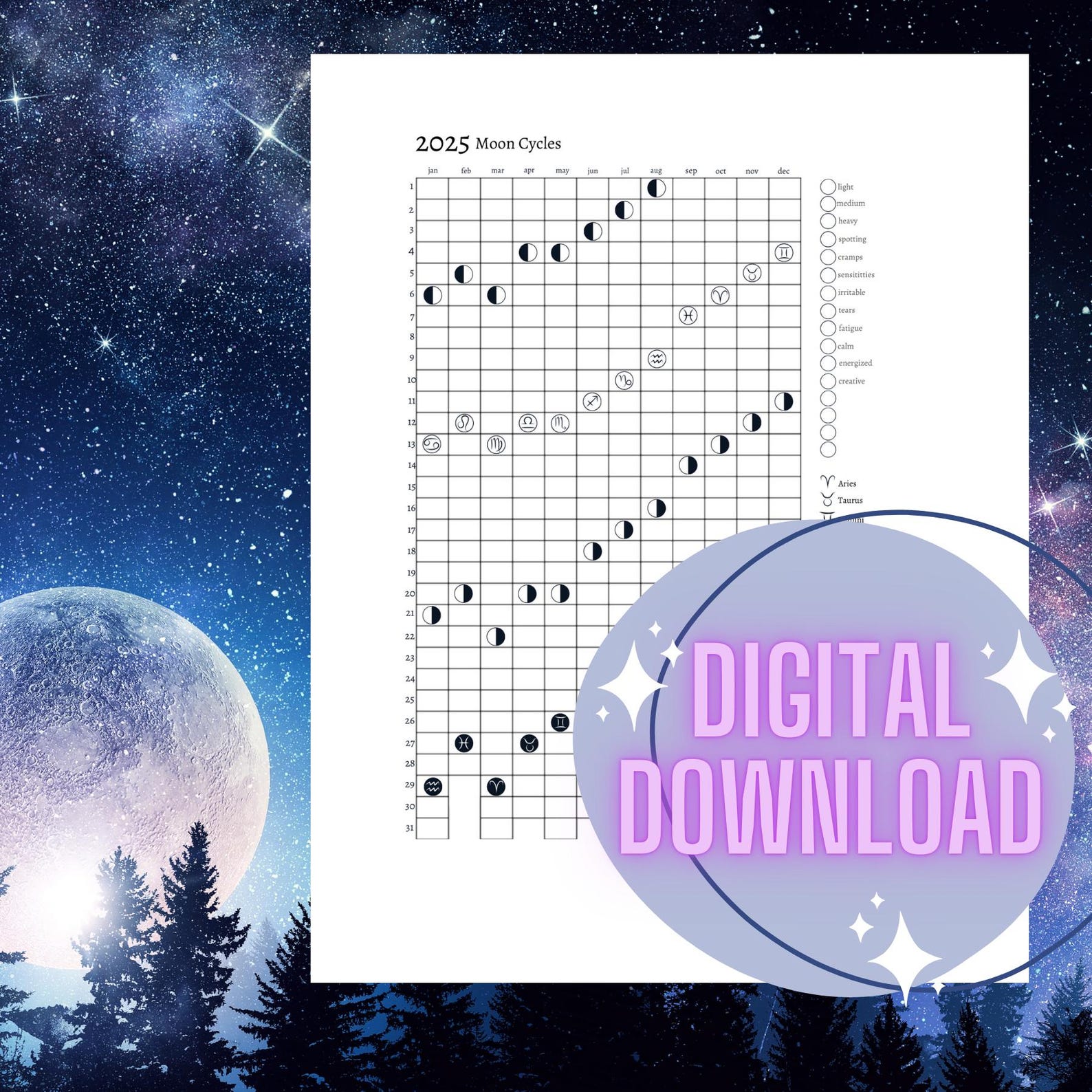 2025 MOON CYCLE Period Tracker Moon & Menstrual Cycle Tracking