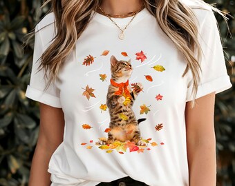 Cozy Cat in Scarf T-Shirt, Autumn Fall Leaves Graphic Tee, Cute Feline Lover Apparel, Seasonal Pet Owner Gift, Warm and Stylish Design