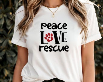 Camiseta Peace Love Rescue, regalo perfecto para amantes de los perros, apoyo al rescate de animales, lindo diseño de huella de pata, camiseta suave para amantes de las mascotas para mujeres y hombres