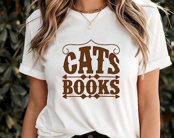 Katzen Bücher T-Shirt, lustiges Grafik-T-Shirt für Leser, niedliches Katzen-Liebhaber-Geschenk, Bücherwurm-Katzenkleidung, literarische Kitty-Humor-Hemd