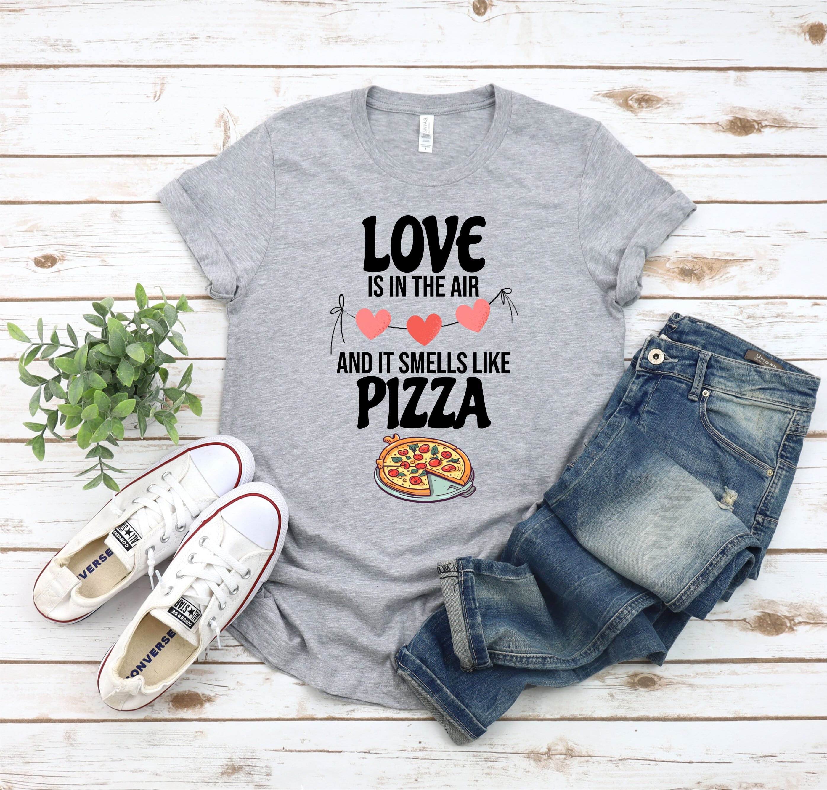 Love is in the Air T-shirt, Pizza Lovers Tee With Heart Graphic