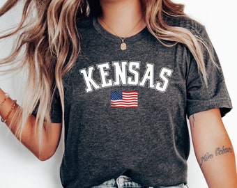 KENSAS State T-shirt, USA vlag grafisch T-shirt, losse pasvorm top met ronde hals, Kensas souvenir T-shirt, reizen unisex vintage kleding shirt